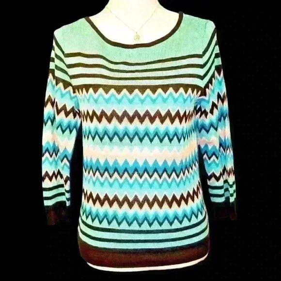 7th Avenue Sweaters - 7th AVE NY Womans AQUA BLACK WHITE PINK Knit Shirt LIGHTWEIGHT Stretch Top Med